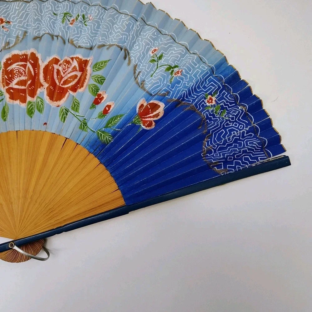Vintage 1930's Asian HAND PAINTED FAN Paper Bamboo Wood Florals Blue‎